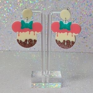 Minnie Mouse pink white and brown drop earrings